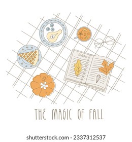 Cozy autumn picnic scene with checkered blanket, piece of pumpkin pie, tea, book about magic. Vector illustration for card, banner, story,