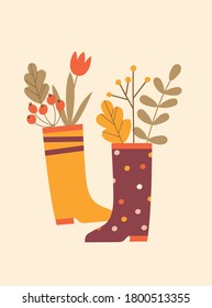 Acogedor diseño de postales de otoño con botas de lluvia, flores y hojas. Imagen vectorial.