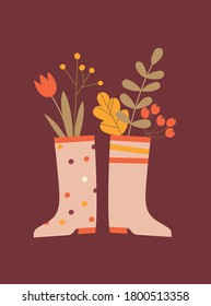 Cozy autumn post card design with rain boots, flowers and leaves. Vector image.