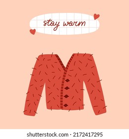 Cozy autumn postcard with calligraphic hand drawn lettering on piece of school sheet about warm, hygge illustration of cardigan for cold weather with buttons. Hand drawn bright card. Vector design.