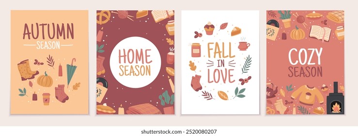 Cozy autumn postcards set. Fall collection of various seasonal greeting cards. Flat vector illustration