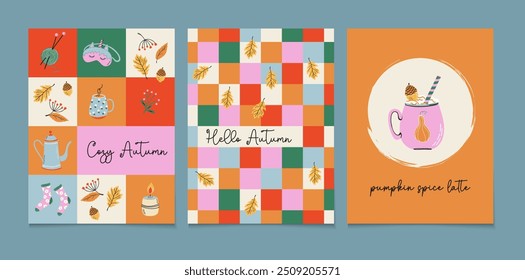 Cozy Autumn print set. Fall geometric cards, posters, covers. Cute colorful Harvest Festival backgrounds. Flat design hand drawn vector illustrations.