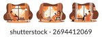 Cozy Autumn Reading at Home — Flat Vector Illustration of People Relaxing Indoors with Warm Drink and Falling Leaves Outside