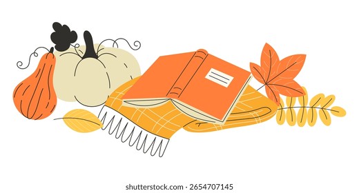 Aconchegante cena de leitura de outono com livro laranja aberto no cobertor xadrez amarelo