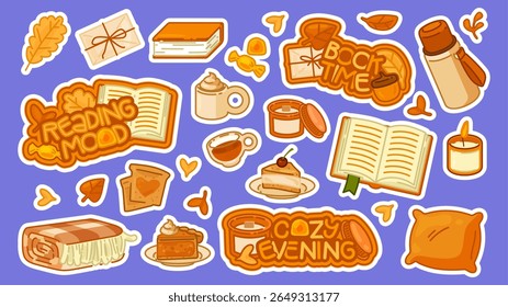 Cozy Autumn Reading Sticker Set. Cartoon sticker set with books, candles, food, pillow, leaves, and cozy autumn lettering. Flat style illustration in warm colors on white background.