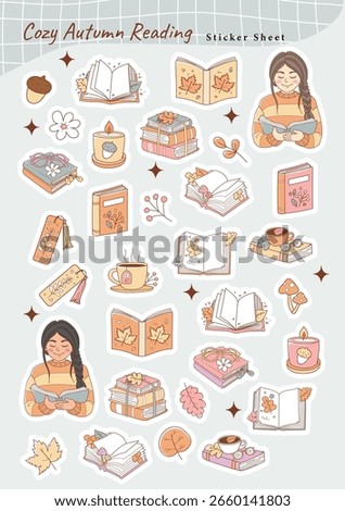 Cozy Autumn Reading Sticker Sheet, Fall Bookish Doodle Cartoon Style Hand Drawn Elements Sticker Sheet A4 Size Vector