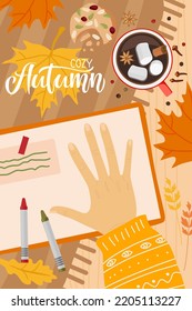 Cozy Autumn romantic concept with creative notebook, hot drink, cookies, girl hand, Autumn red leaves. Autumn flat lay, top view Vector illustration for Fall mood poster, postcard, flyer template