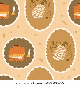 Cozy autumn round seamless pattern. Circle emblem with warm clothes, pumpkin and scented candle repeat background. Vector hand drawn illustration.