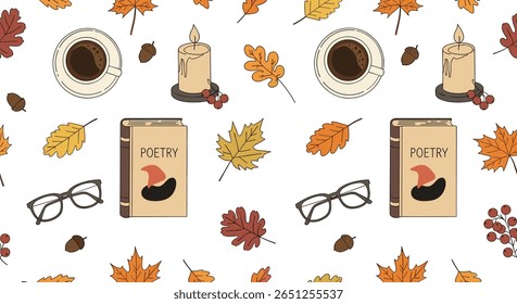 Cozy autumn scene with books coffee glasses and falling leaves decoration