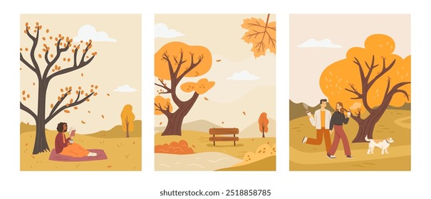 Cozy autumn scene illustration. Cute hand drawn set of posters with fall season outdoor peaceful activities like walking, reading,