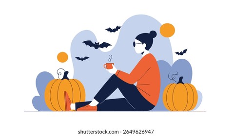 Cozy autumn scene with a person enjoying a warm drink surrounded by pumpkins and bats amidst a festive fall landscape illustration