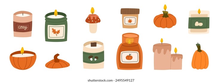 Cozy autumn scented candles set. Collection of various aromatic candles .Hand drawn hygge candlelights. Aromatherapy and relaxation. Flat vector illustration.