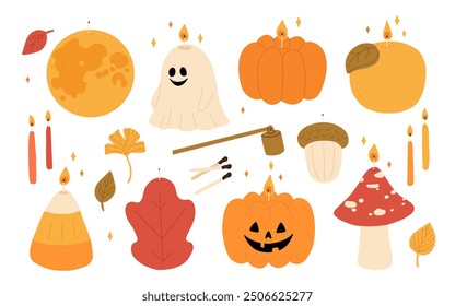 Cozy autumn scented candles set. Collection of various aromatic candles .Hand drawn hygge candlelights. Aromatherapy and relaxation. Flat vector illustration.