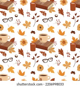 Cozy autumn seamless background. A hot drink, a book, glasses, flowers, and leaves. Isolated on white background. Autumn wallpaper