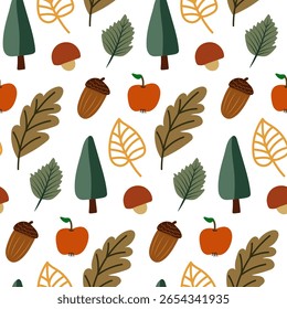 Acogedor patrón de otoño sin fisuras con bellota, árbol, hojas y manzana.