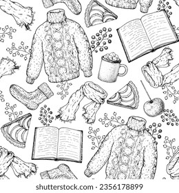 Cozy autumn seamless pattern. Background with wool sweater, open book, scarf, knitted socks, apple pie piece, twigs, warm clothes. Hand drawn vector illustration.