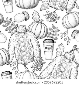 Cozy autumn seamless pattern. Background with pumpkin, autumn leaves, coffee cup, rowan, wool sweater, mushroom. Hand drawn vector illustration. Hand drawn sketch.