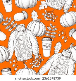 Cozy autumn seamless pattern. Background with pumpkin, autumn leaves, coffee cup, rowan, wool sweater, mushroom. Hand drawn vector illustration. Hand drawn sketch.