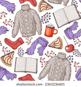 Cozy autumn seamless pattern. Background with wool sweater, open book, scarf, knitted socks, apple pie piece, twigs, warm clothes. Hand drawn vector illustration.