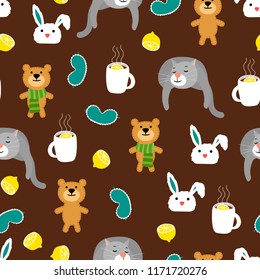 Cozy autumn seamless pattern with bear, cat, and tea, vector illustration