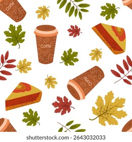 Cozy autumn seamless pattern with coffee, cake and leaves. Perfect for textile, fabric, wallpaper and scrapbook projects. Warm, inviting design. Vector illustration.
