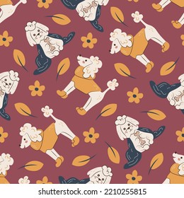 Cozy Autumn Seamless Pattern With Cute Dogs. Fall Cosy Endless Background With Repeat Vector Illustration Of Puppies, Leaves, Flowers For Greeting Cards, Wallpaper, Scrapbooking