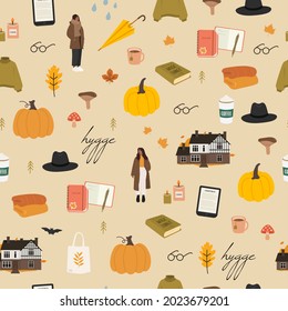 Cozy autumn seamless pattern. Fall cute background. Hygge atmosphere. Vector