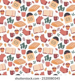 Cozy autumn seamless pattern. Fall background with various seasonal elements. Flat vector illustration