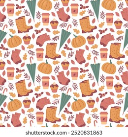 Cozy autumn seamless pattern. Fall background with various seasonal elements. Flat vector illustration