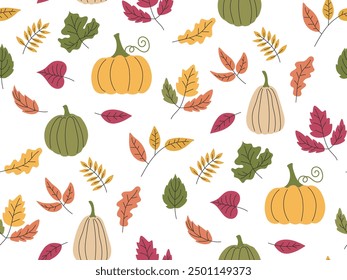 Cozy autumn seamless pattern. Falling leaves and pumpkins autumnal doodle illustration. Thanksgiving day harvest festival background. Cover, banner, wallpaper, fabric print template