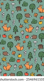 Cozy autumn seamless pattern with fox, hedgehog, and mushrooms, perfect for fall-inspired designs. Ideal for fabrics, wallpapers, and seasonal decor, adding a warm and whimsical touch to any project