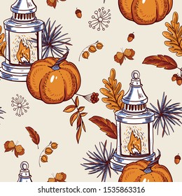 Cozy autumn seamless pattern, orange leaves, flowers, pine cone, berries, pumpkin, lantern and butterflies, vector hygge texture