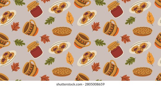 Cozy Autumn Seamless Pattern with Pies, Cookies, Jam Jars and Fall Leaves. Seamless autumn pattern with pies, plates of cookies, glass jars of jam, decorative mugs, and colorful fall leaves on soft beige background for kitchen textiles, packaging, wallpaper, greeting cards.