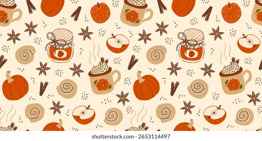 Cozy autumn seamless pattern. Pumpkin, hot drinks, cinnamon rolls, spice, raspberry jam. Fall background.