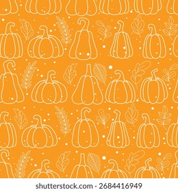 Cozy autumn seamless pattern with pumpkin and leaf silhouettes. Fall season pattern. Warm autumn mood print for textiles, fabric, paper, packaging, and design. Vector graphics.