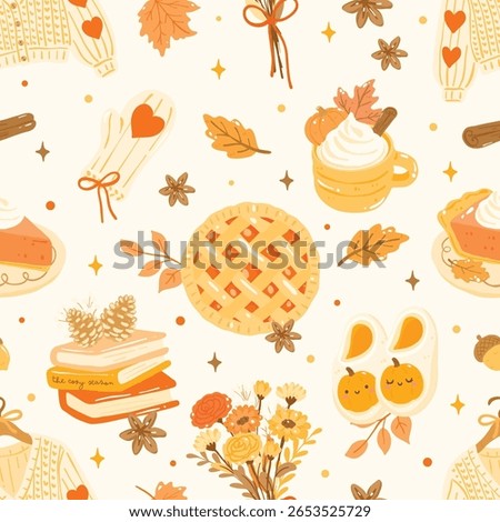 Cozy Autumn Seamless Pattern with Pumpkin Pie, Books and Fall Leaves – Cute Fall Season Background