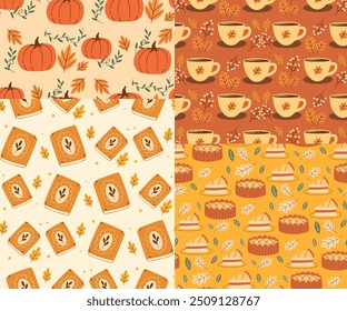 Cozy Autumn Seamless Pattern with Pumpkins Fall Beverages and Sweet Treats for Seasonal Warmth