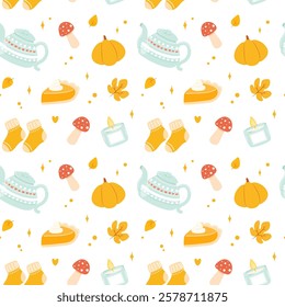 Cozy autumn seamless pattern with seasonal elements - pumpkin, leaves, mushroom, pumpkin pie, knitted socks, teapot, candle. Fall season vector pattern perfect for textile, wrapping paper, wallpaper