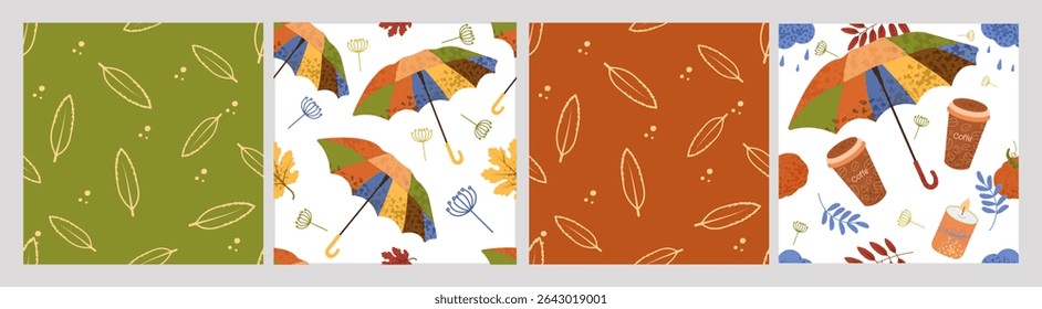 Cozy autumn seamless patterns set. Trendy designs with umbrellas, coffee, candles, and leaves. Perfect for fabric, wrapping, and scrapbook projects. Warm, vibrant colors.Vector