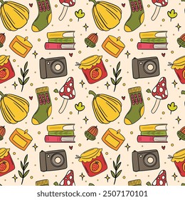 Cozy Autumn Seamless Patterns with Squash, Books, Candles, Mushrooms, and Jam