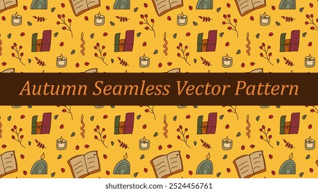 Cozy Autumn Seamless Vector Pattern: Candles, Books, and Berries