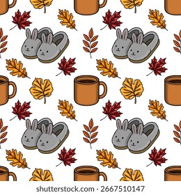 Cozy Autumn Seamless Vector Pattern: A charming illustration featuring bunny slippers, warm mugs, and vibrant autumn leaves, perfect for fall themed designs.