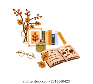 Acogedora temporada de otoño con cuaderno, herbario, hoja de otoño, vela caliente, vasos, libros y composición botánica en jarrón. Tiempo enorme en casa. Ilustración vectorial plana aislada sobre fondo blanco