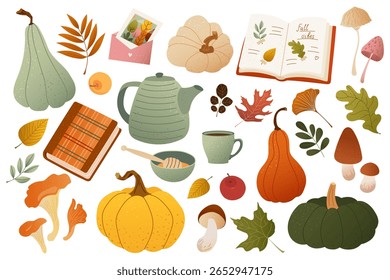 Outono acolhedor com livros, abóboras, cogumelos, chá e folhas. Coleção de ilustrações quentes com detalhes texturizados para cartão, cartaz, embalagem, impressão sazonal. Elemento de design de vetor plano isolado