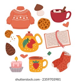 Cozy Autumn Set. Cartoon Book, Sweater, Burning Candle, Cookie, Tea Cup And Pot, Knit Socks And Pine Cone With Mushroom and Hearts Isolated Elements on White Background. Vector Illustration, Icons