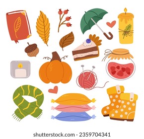 Cozy Autumn Set. Cartoon Book, Leaves, Umbrella And Burning Candle, Pumpkin Cake. Scarf, Pillows, And Acorn With Rubber Boots. Berry Jam, Clew with Knitting Needles. Vector Illustration, Icons