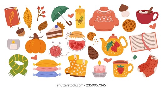 Cozy Autumn Set. Cartoon Book, Leaves, Umbrella and Sweater. Burning Candle, Cookie, Tea Cup and Pumpkin Cake. Scarf, Pillows, Knit Socks and Pine Cone with Rubber Boots. Vector Illustration, Icons