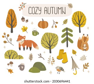 Cozy autumn set. Collection of doodle woodland elements: trees, animals, leafs, clothes.
