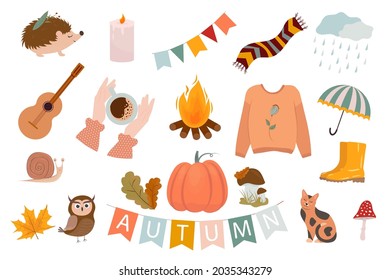 Acogedor escenario de otoño. Colección de elementos otoñales, calabaza, setas, suéter, pañuelo, paraguas, ginger cat, erizo, botas de goma, hoguera.