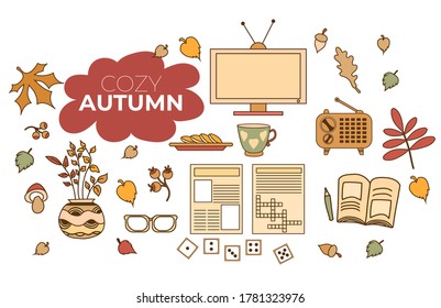 Cozy autumn. Set of colored autumn drawings. Hobbies - crosswords and dominoes, newspaper and books, colorful leaves, mushrooms, TV and radio, cup and cookies. Elements of autumn decor